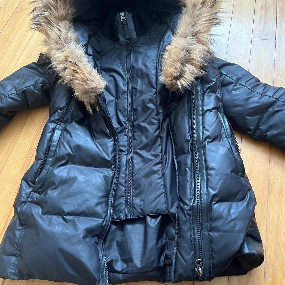 Mackage Black Down Puffer Coat Fur Hood Hooded Zipper Winter Warm Size XS - Picture 8 of 10